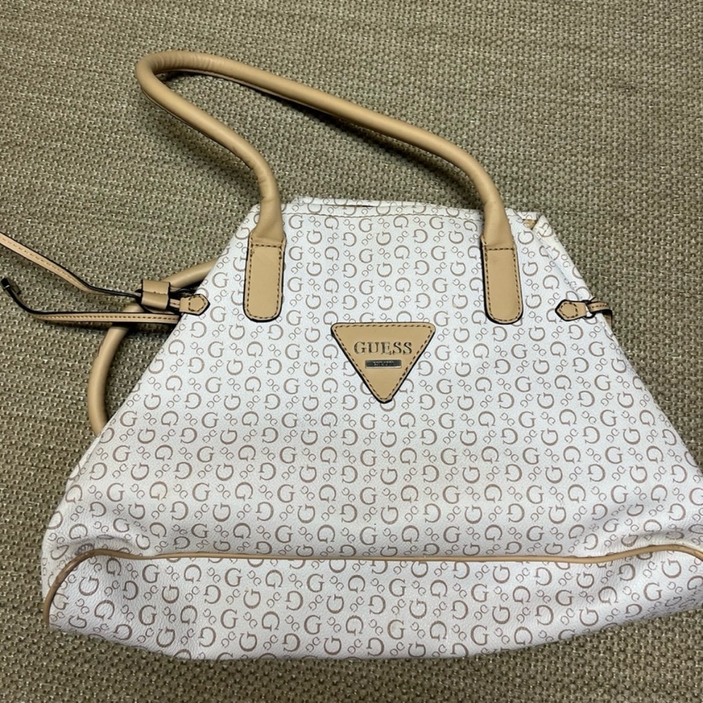 Guess White and Tan Monogram Shoulder Bag with Metallic Logo